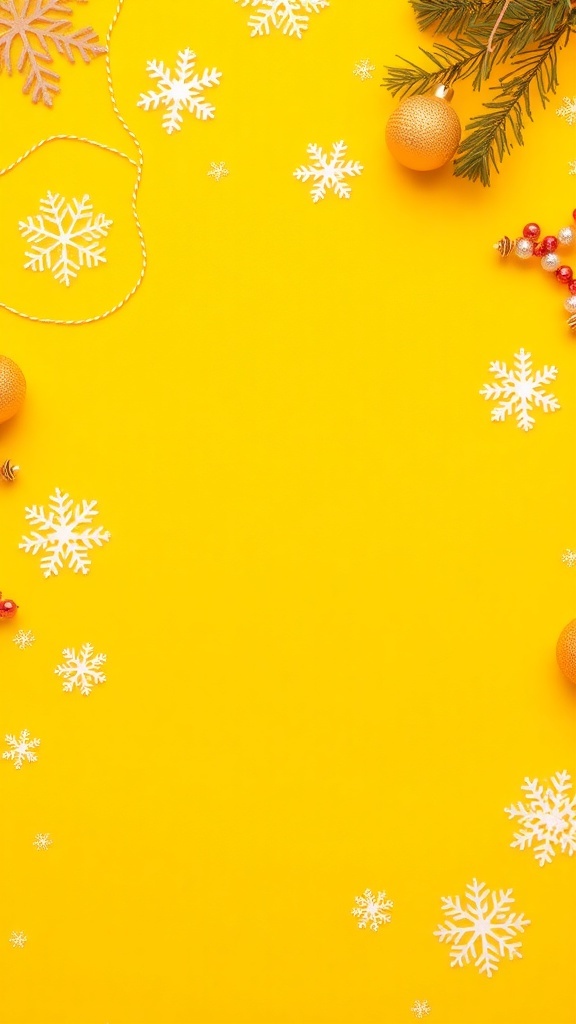 A vibrant yellow Christmas background with snowflakes and ornaments.
